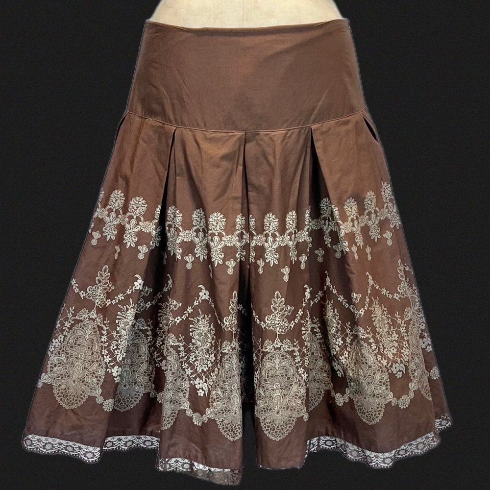 Chocolate brown midi mini full a-line skirt pleated floral scroll lace trim 8